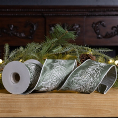 4" WIDE PINE BRANCH DESIGN GREEN WIRED RIBBON - BY THE YARD